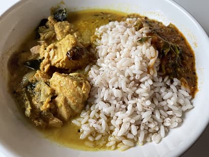 Kerala-style fish curry, Matta rice, and Rassam