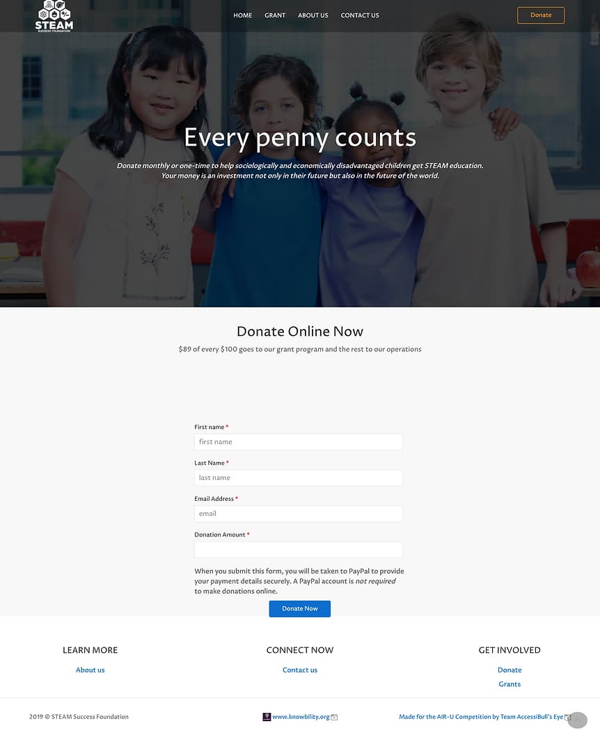 Donation information page of STEAM success foundation website